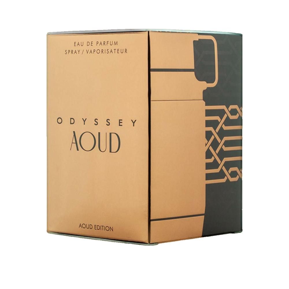 Kartonverpackung in Gold und Schwarz. Aufschrift "ODYSSEY AOUD" und "EAU DE PARFUM".