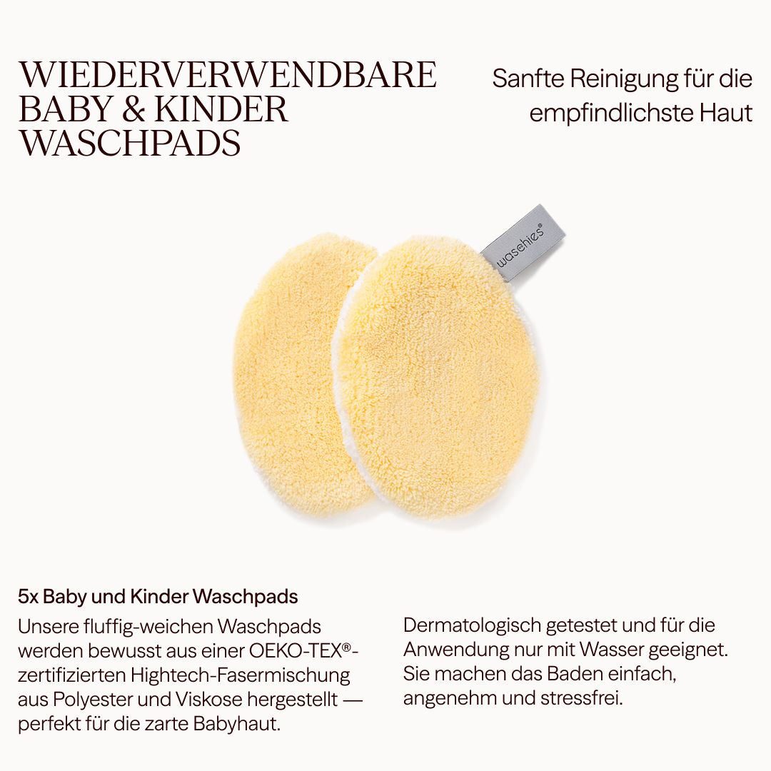 Zwei hellgelbe Waschpads mit Etikett. Text über Baby & Kinder Waschpads und OEKO-TEX®-Zertifizierung.