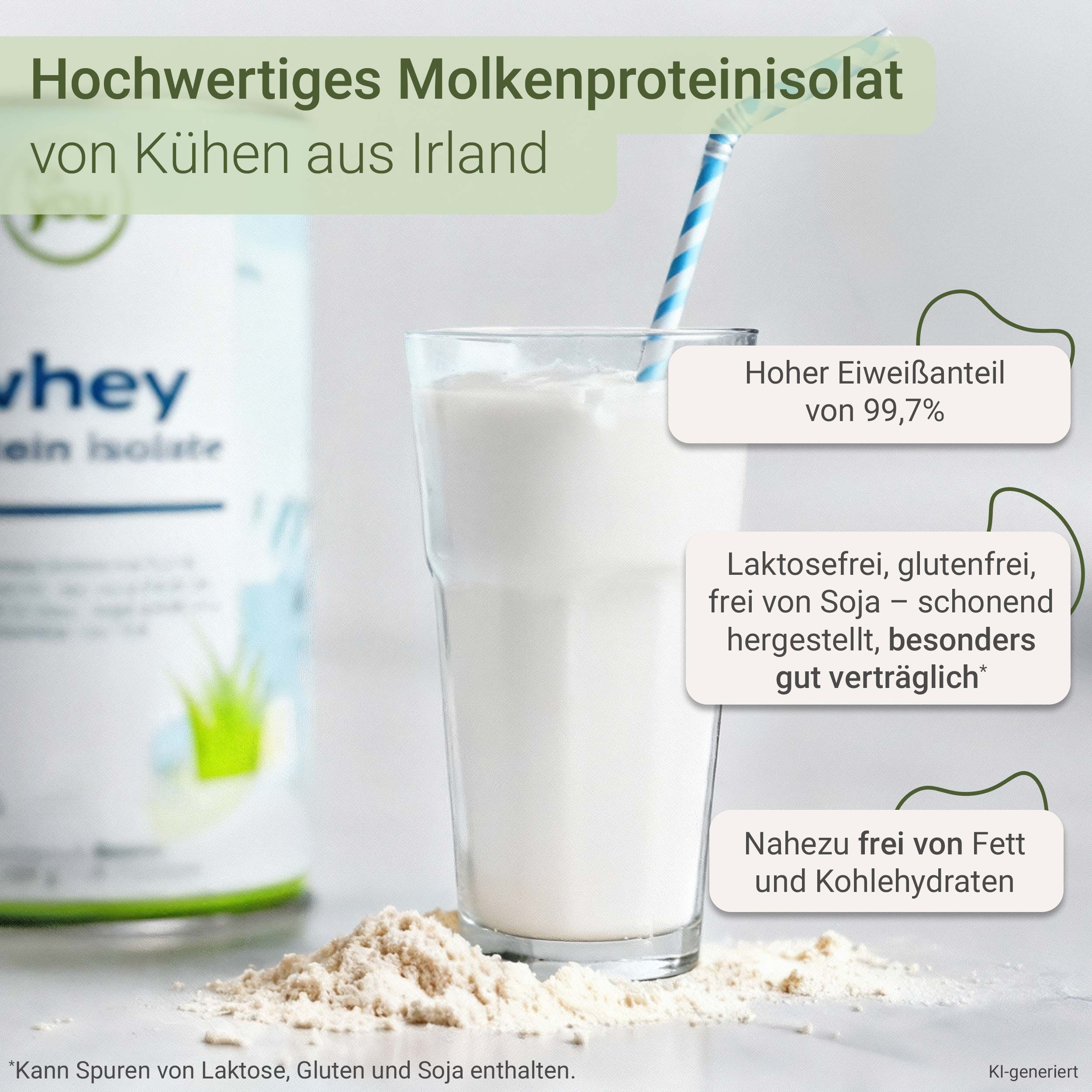 Glas mit Molkenprotein-Shake, daneben Pulver und Dose. Hoher Eiweißanteil, laktosefrei, fast fett- und kohlenhydratfrei.