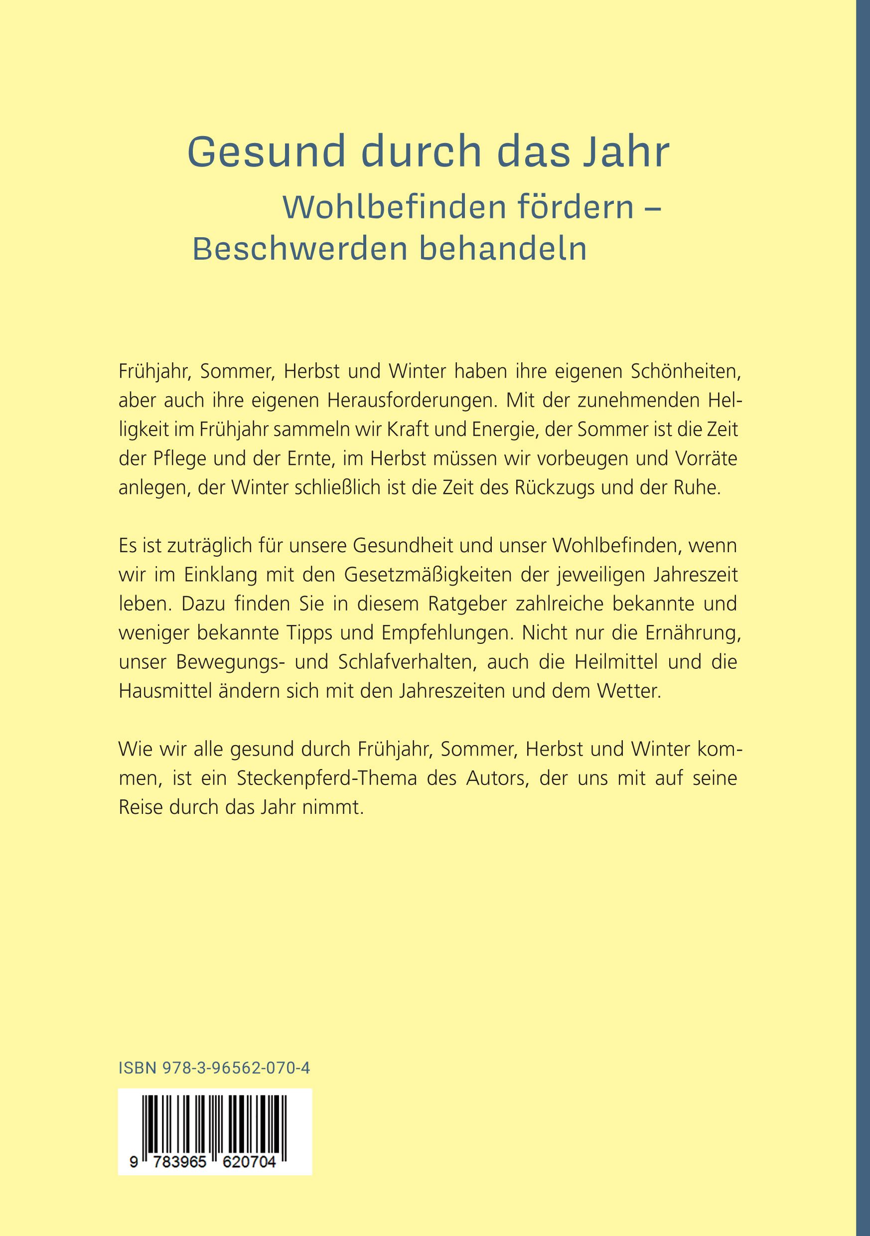 Buchrückseite "Gesund durch das Jahr". Text über Jahreszeiten und Gesundheit. ISBN-Code und Verlag.