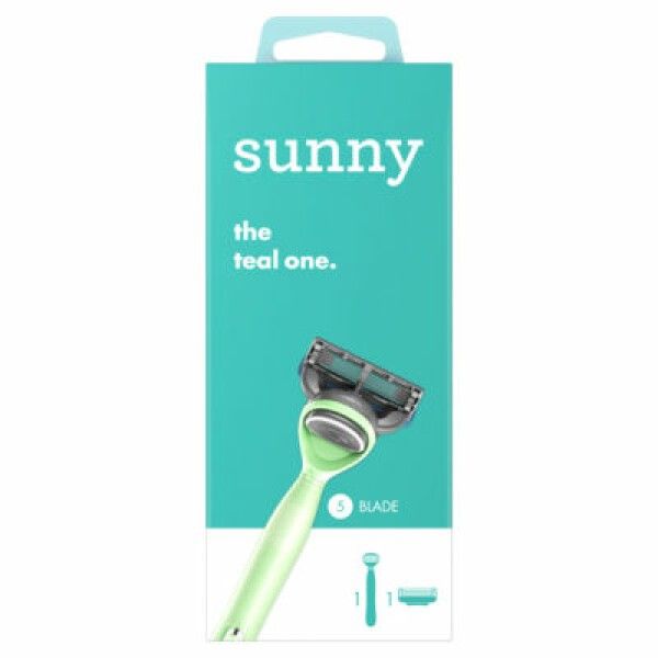 Verpackung mit Rasierer. Aufschrift "sunny" und "the teal one". Rasierer mit 5 Klingen und grünen Griff.