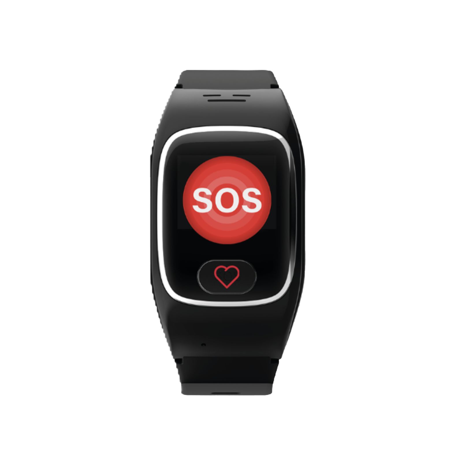 Schwarze Smartwatch mit SOS-Symbol auf dem Display. Roter SOS-Knopf und Herzsymbol. Schwarzes Armband.