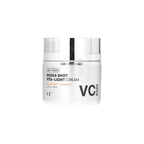 Creme-Dose mit silbernem Deckel. Aufschrift: REEDLE SHOT VITA-LIGHT CREAM, VC E500. Marke VT.