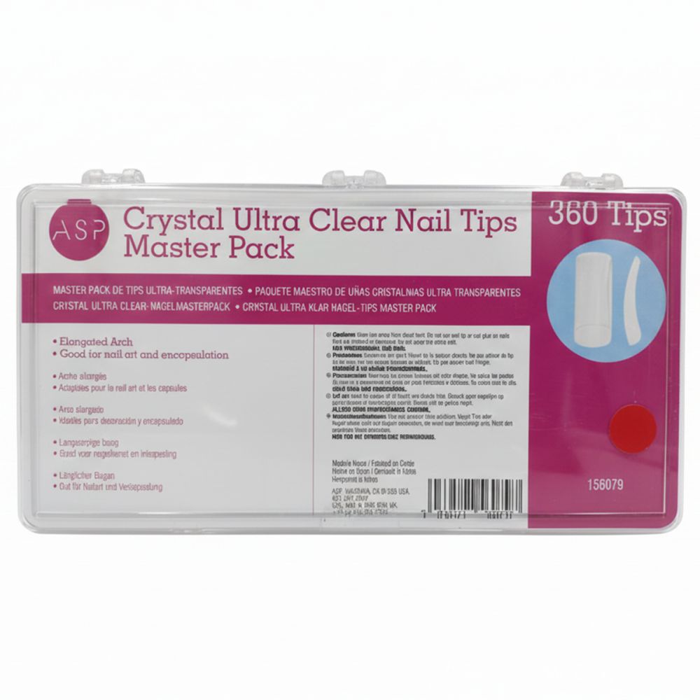 Transparente Kunststoffbox mit Nagelspitzen. Aufschrift: ASP Crystal Ultra Clear Nail Tips Master Pack, 360 Tips.