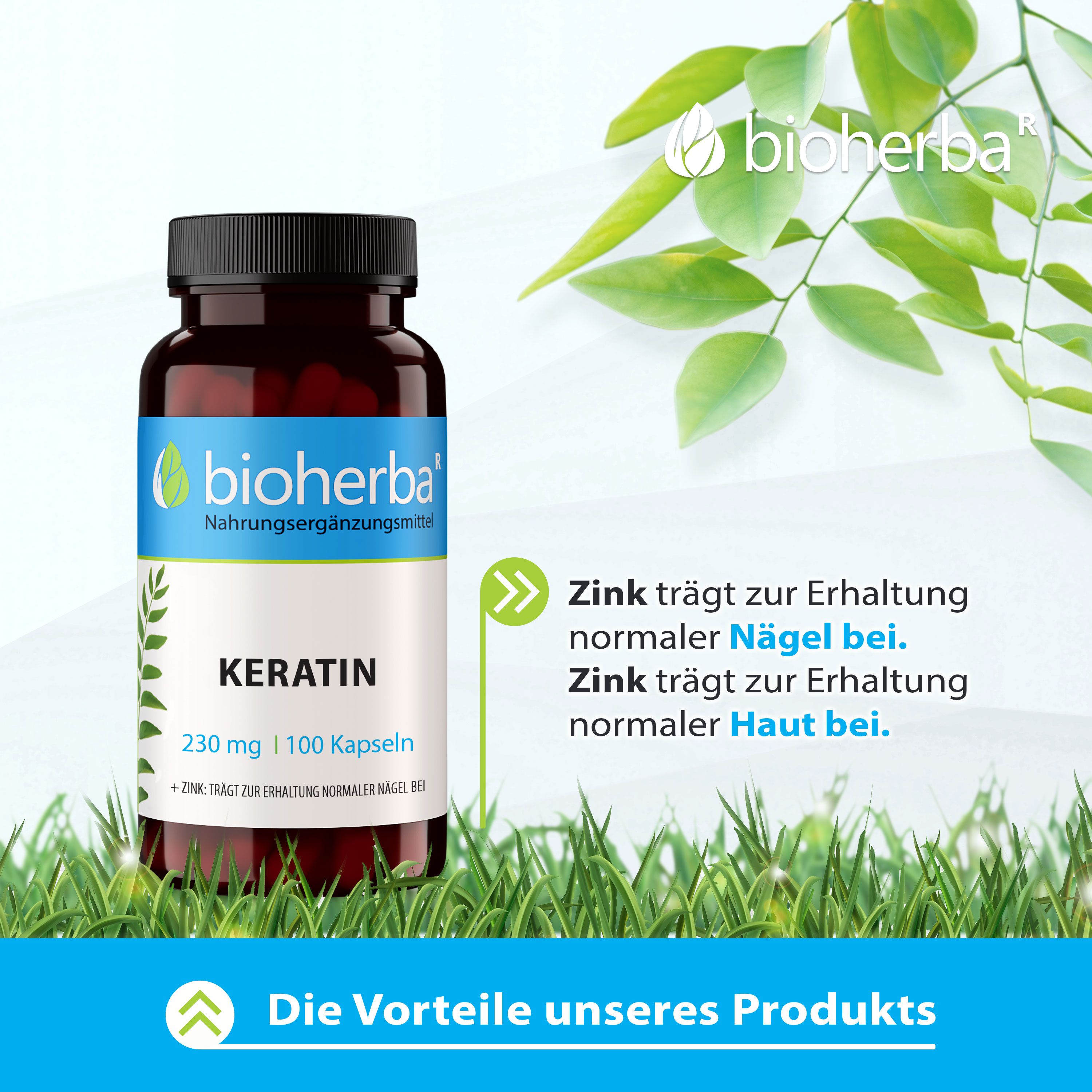 Braune Glasflasche mit schwarzen Deckel. Etikett mit Bioherba Logo und Text: Keratin 230 mg | 100 Kapseln. Aufschrift: Zink trägt zur Erhaltung normaler Nägel und Haut bei.