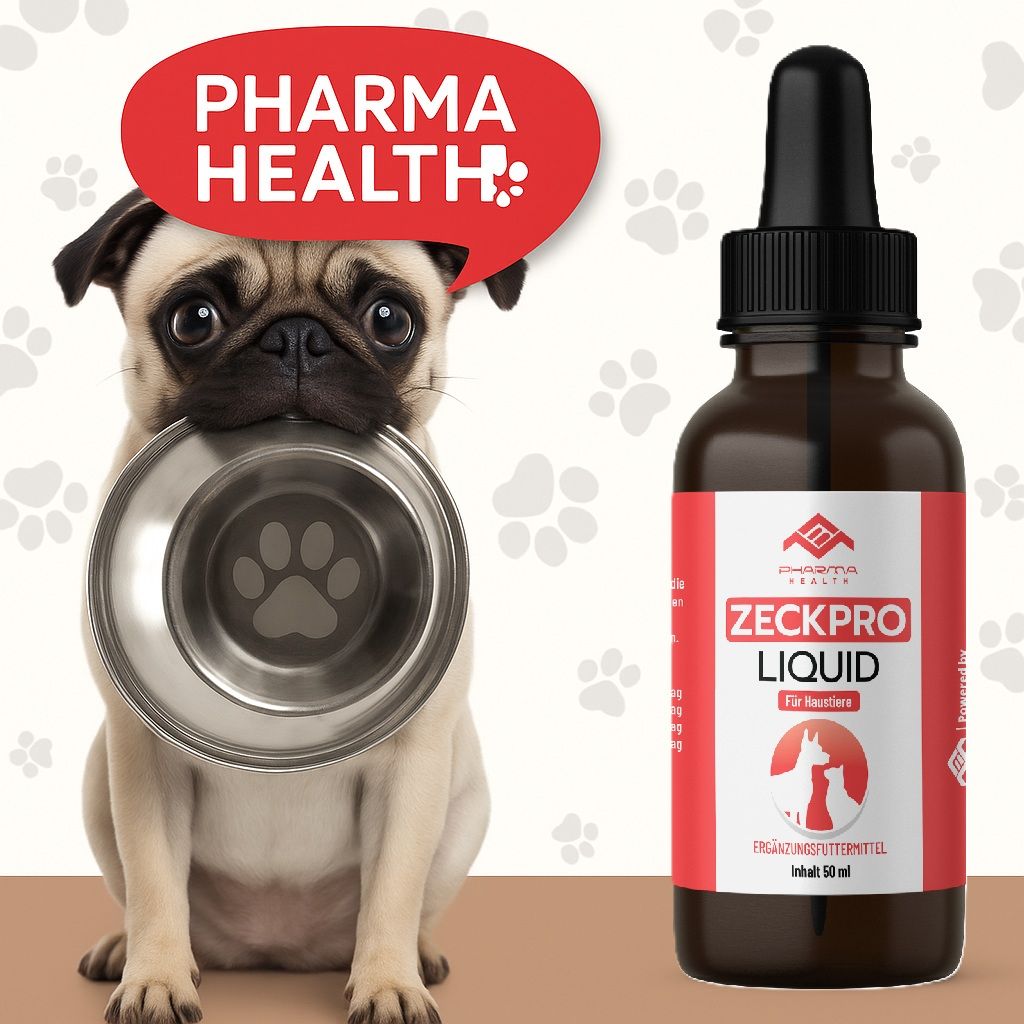 Braune Flasche mit schwarzem Deckel und Pipette. Rotes Etikett mit Text: Zeckpro Liquid. Ein Mops hält eine Futterschüssel.