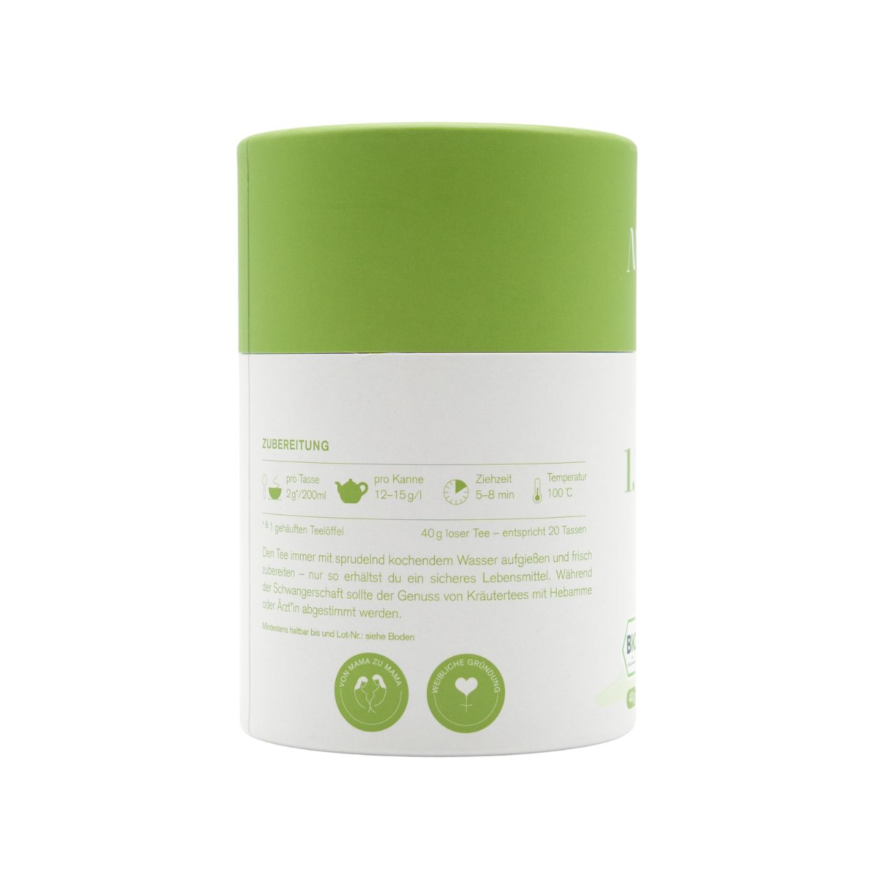 Zylindrische Teeverpackung mit grünem Deckel. Aufschrift: Zubereitung, 1 TL Tee, 200ml Wasser, 5-8 min ziehen lassen, 100°C. Bio-Siegel.