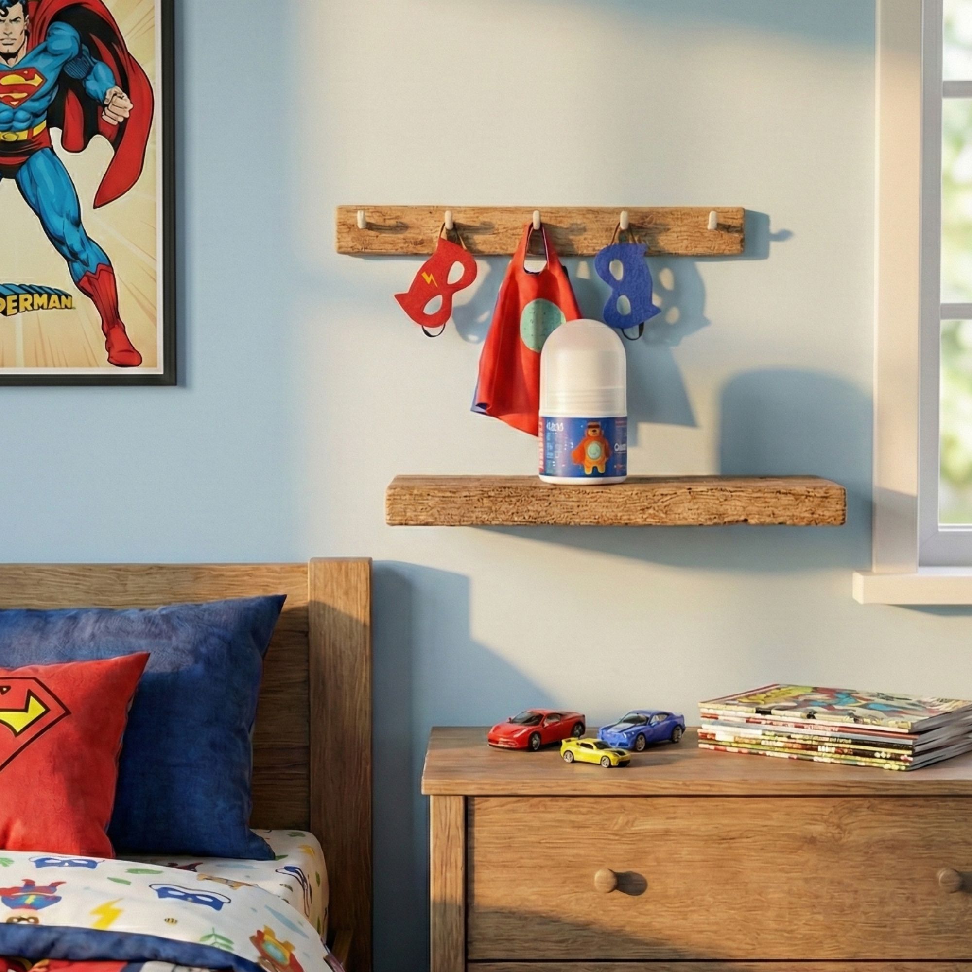 Deo-Rollon für Kinder. Weißer Behälter mit blauem Etikett. Aufschrift: Kids, Natural Deo Roll-on Action Hero. Auf Regal mit Spielzeugautos.