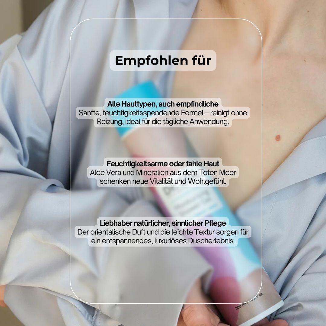 Produktflasche vor Oberkörper. Flasche: Dr. SEA, Moisturising Shower Gel. Text: Empfohlen für: Alle Hauttypen, feuchtigkeitsspendend.