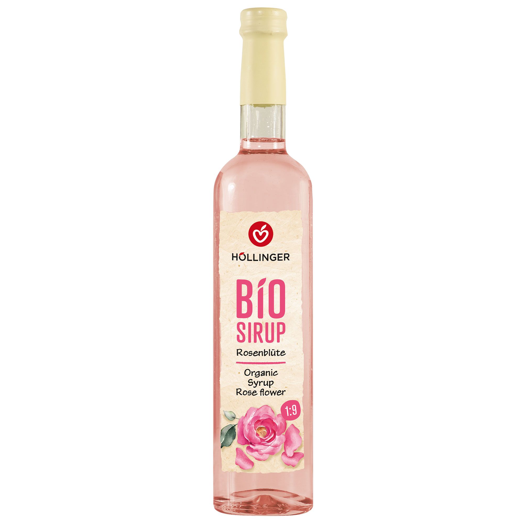 Flasche HÖLLINGER Bio Sirup Rosenblüte, rosa Sirup, Etikett mit Herz-Logo und Rosenmotiv.