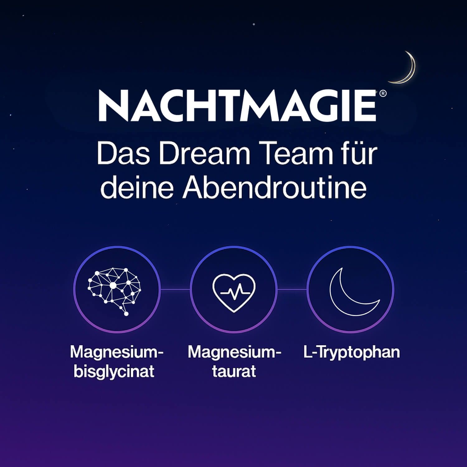 Drei Kreise mit Symbolen: Gehirn, Herz, Mond. Text: Magnesiumbisglycinat, Magnesiumtaurat, L-Tryptophan. Nacht-Hintergrund.