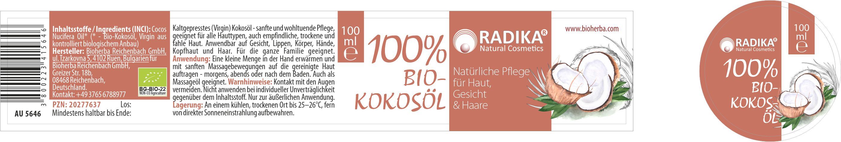 Etikett mit Text und Logo. Aufschrift: 100% Bio-Kokosöl. Marke Radika Natural Cosmetics. Kokosnuss-Illustration. Bio-Siegel.