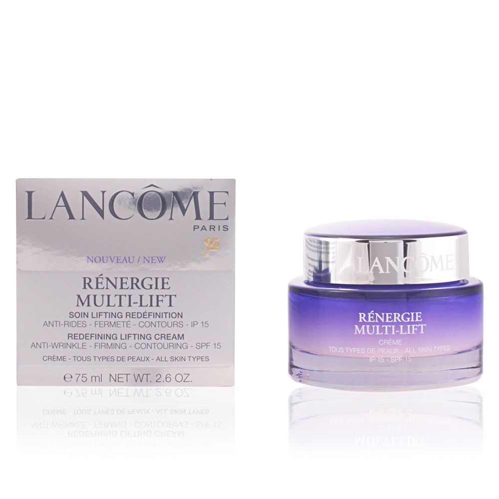 Creme-Glas und Schachtel. Aufschrift: Lancôme, Rénergie Multi-Lift. Schachtel mit Produktinformationen. Lila Farbverlauf.