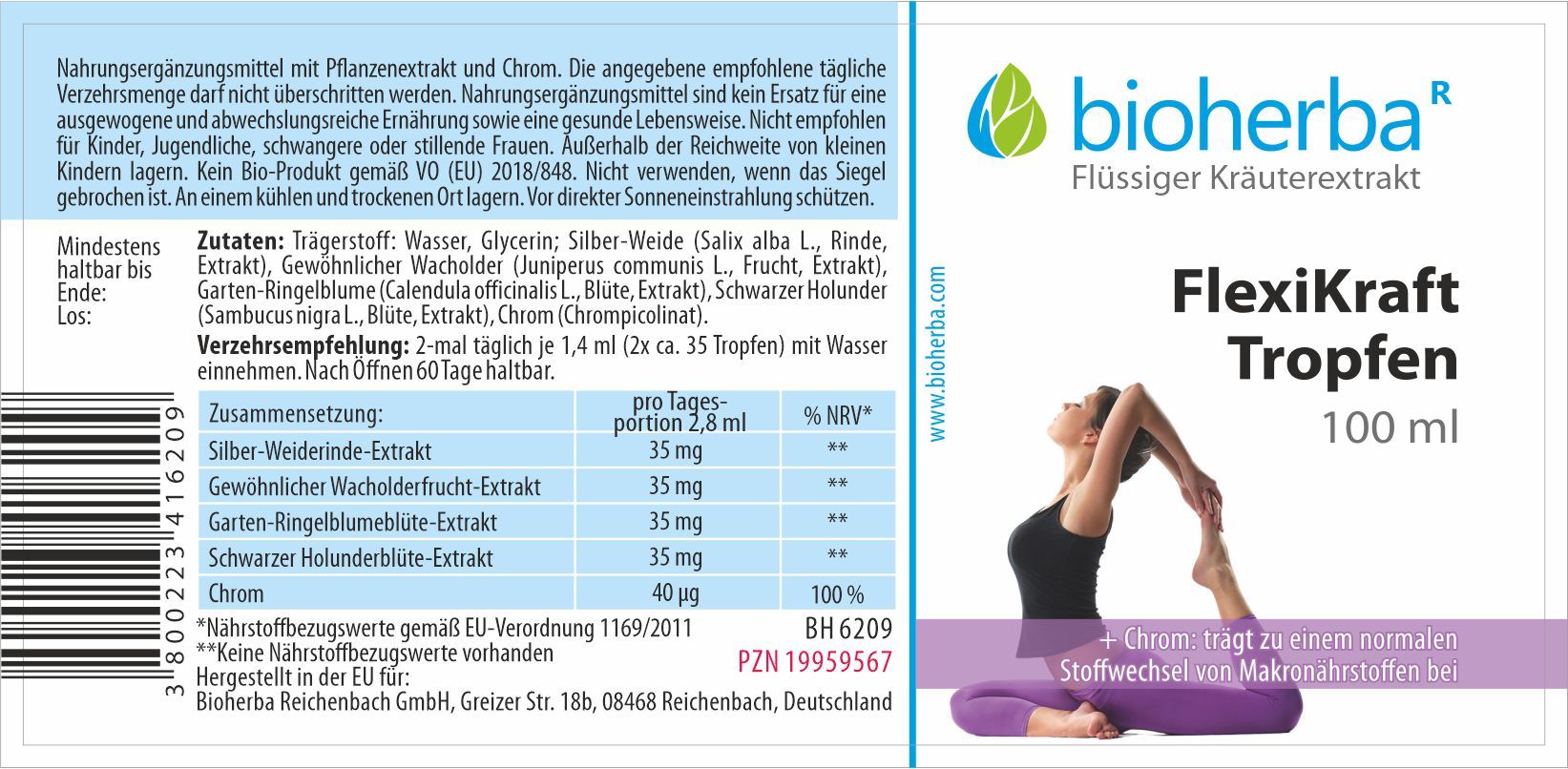 Etikett mit Produktinformationen und Inhaltsstoffen. Enthält Text, Tabellen und Logo. Rechts: Yoga-Abbildung und Produktname.