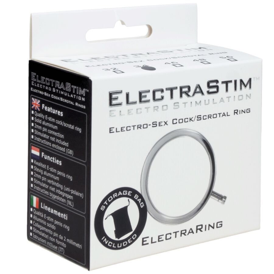 Weißer Karton mit Produktnamen "ELECTRASTIM ELECTRO-SEX COCK/SCROTAL RING". Ein Metallring ist sichtbar. Aufschrift: "STORAGE BAG INCLUDED".