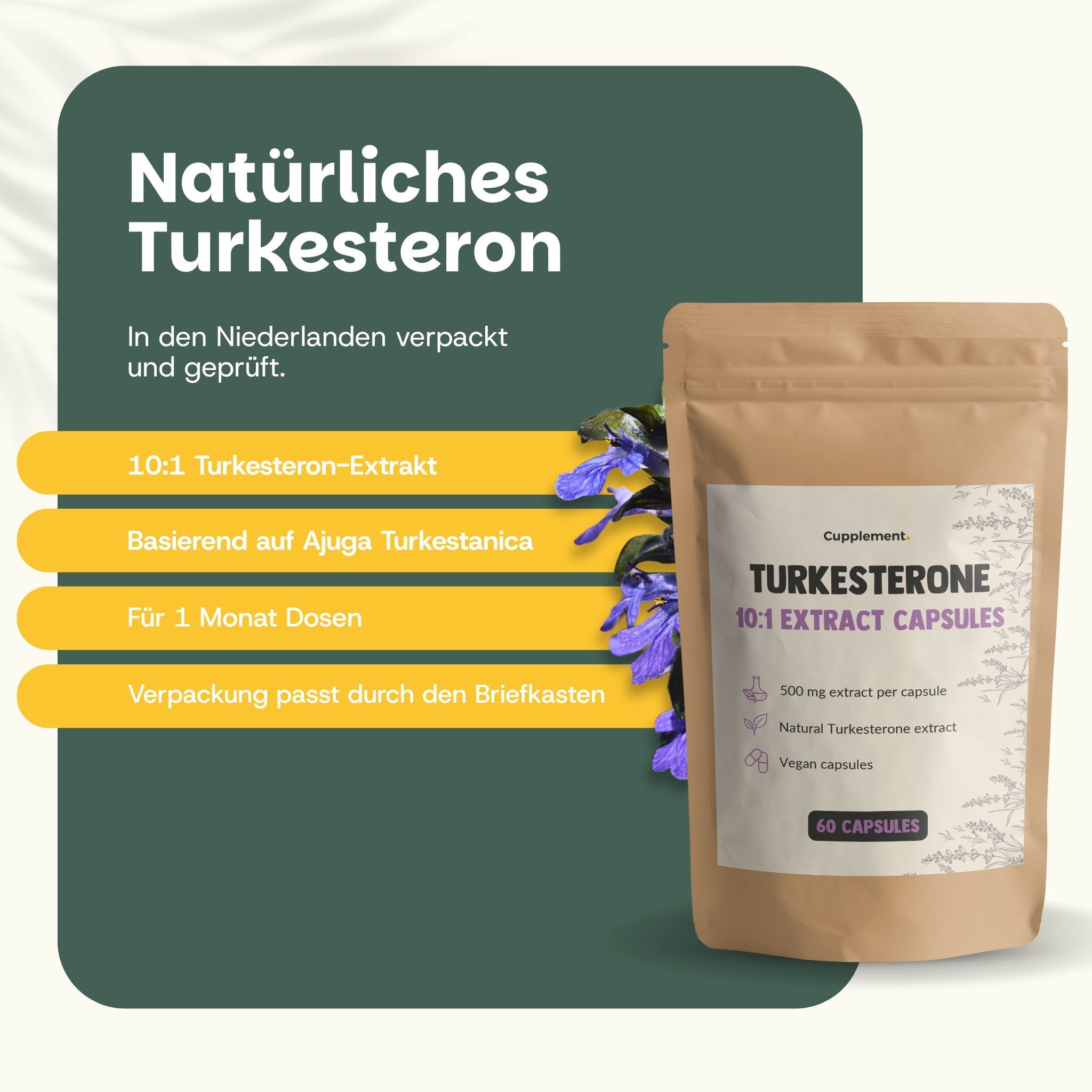 Kapsel mit Inhalt. Text: Turkesterone Extrakt. 100% natürlich. Keine Füllstoffe. Vegane Kapsel. 10:1 Extrakt.
