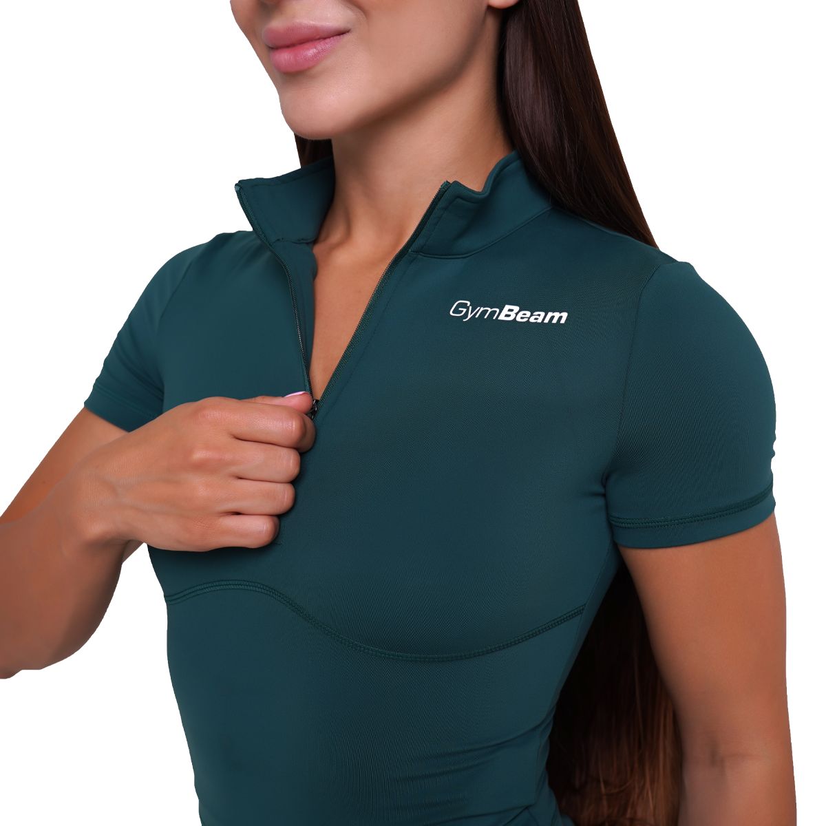 Dunkelgrünes Damen-Cropped-Shirt mit Kragen und Reißverschluss, Nahaufnahme des Reißverschlusses.
