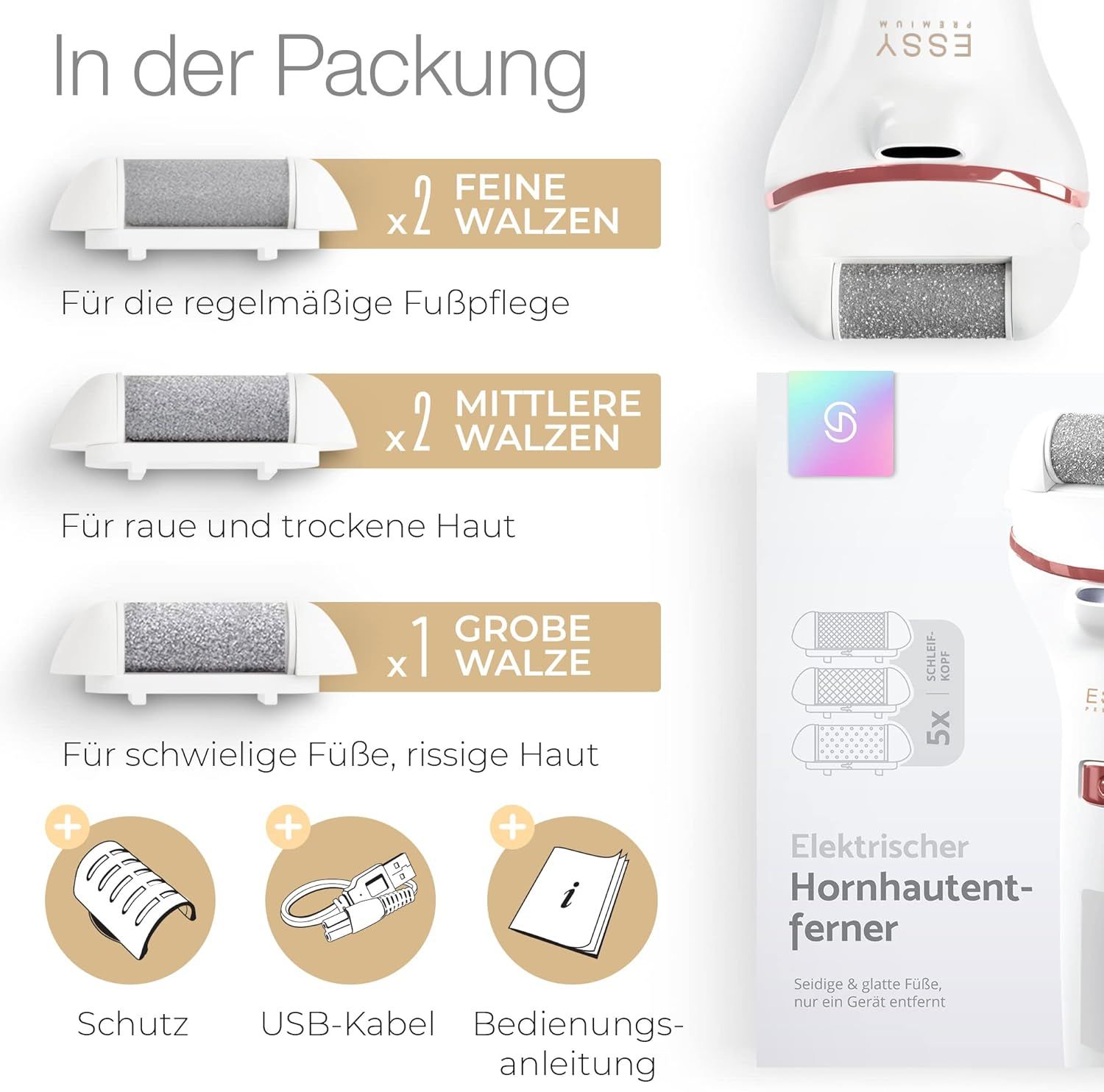 Essy Hornhautentferner Elektrisch mit Ersatzrollen Weiß