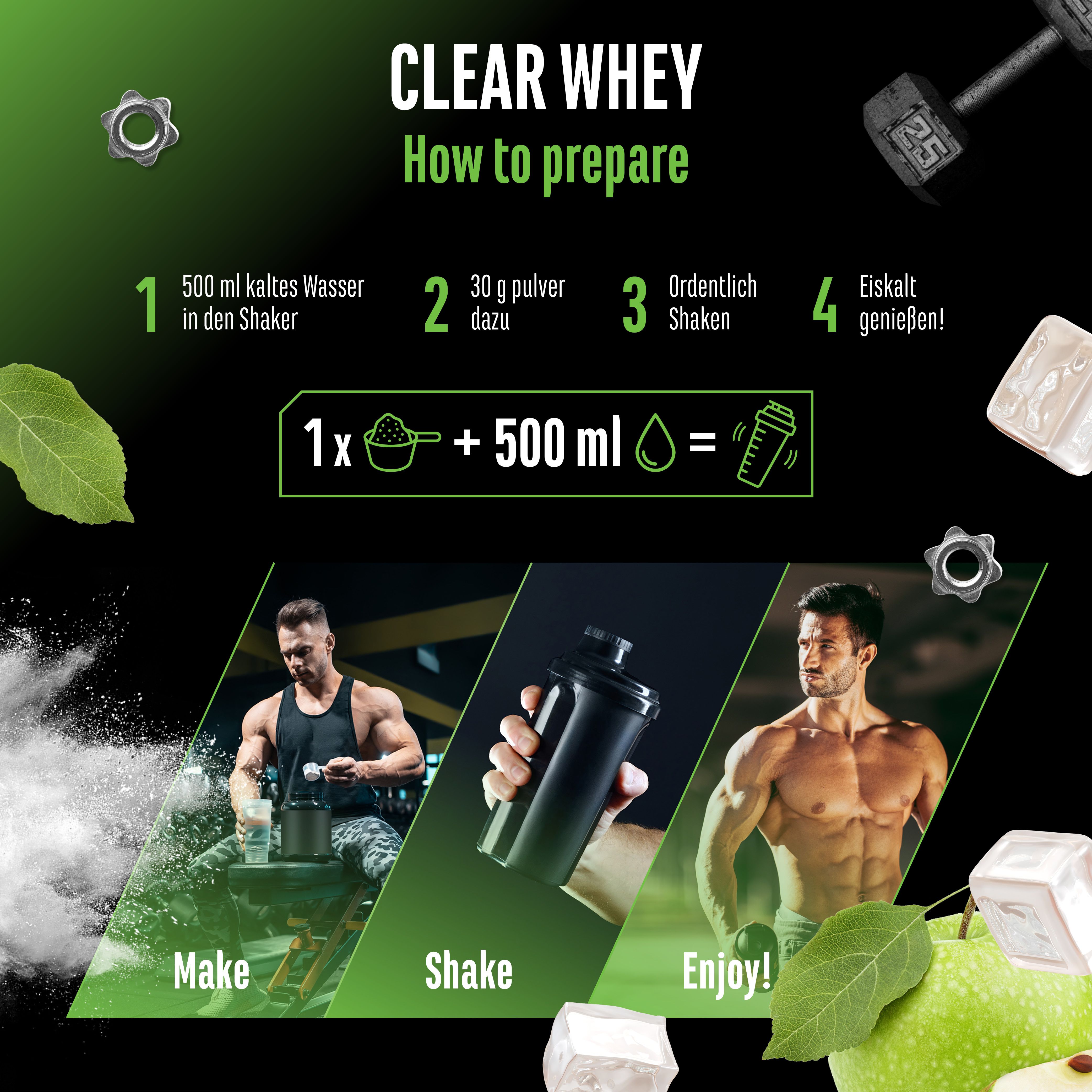 Anleitung zur Zubereitung von Clear Whey Protein. Schritte: Wasser in Shaker, Pulver dazu, schütteln, genießen. Mit Bildern.