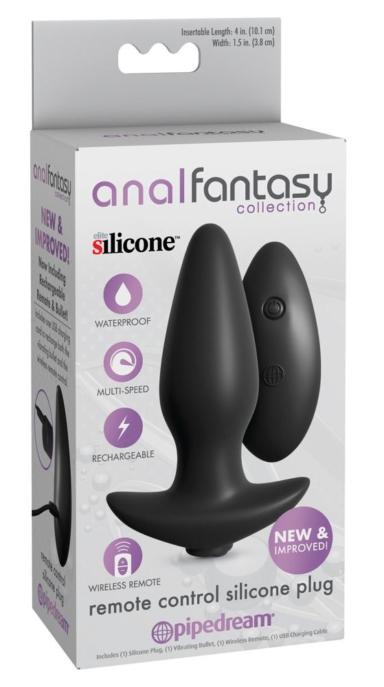 Verpackung eines schwarzen Analplugs mit Fernbedienung. "Anal Fantasy Collection 8" und "Elite Silicone" sichtbar.