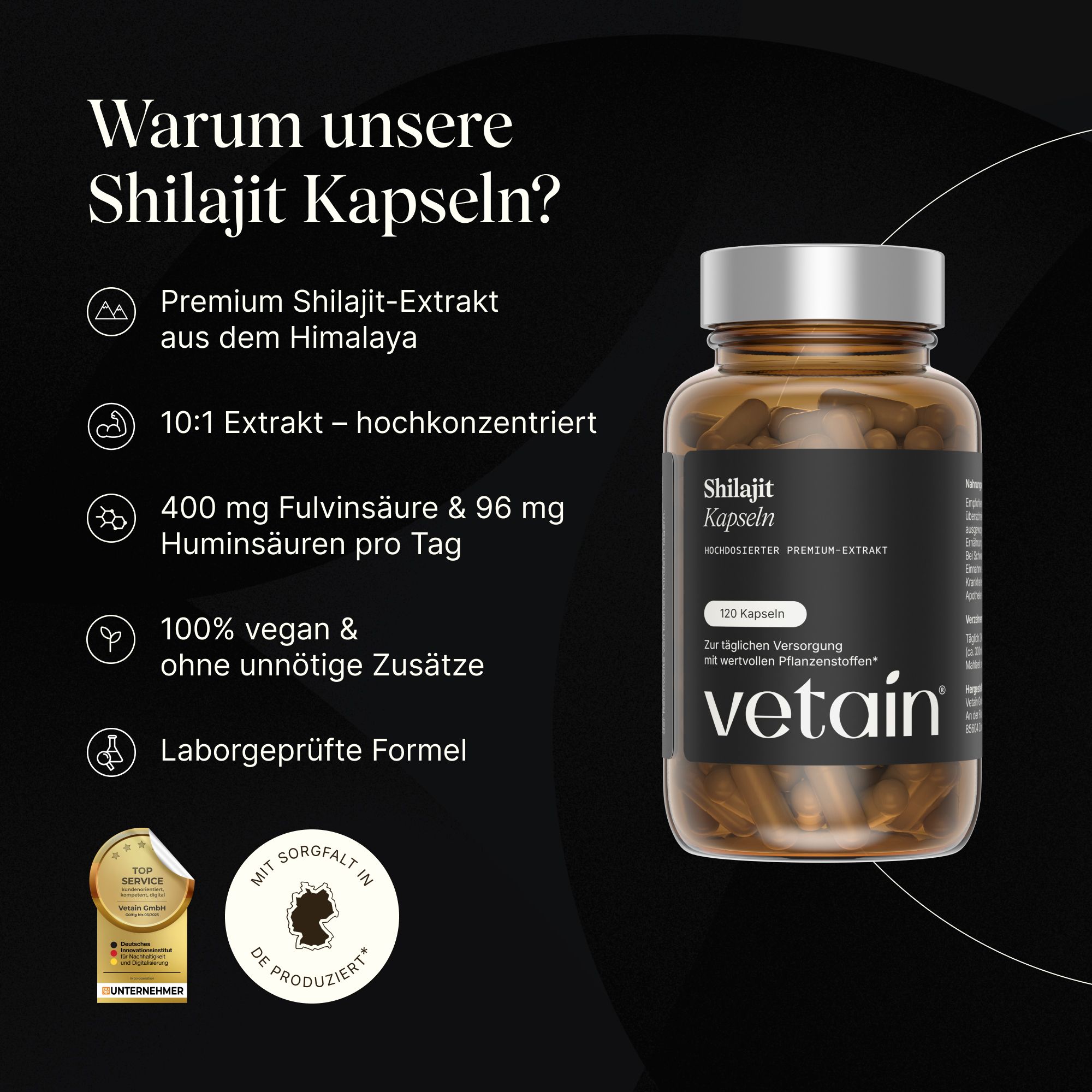 Vetain Shilajit Kapseln Flasche mit 120 Kapseln, dunkelbraunes Glas, silberner Deckel.