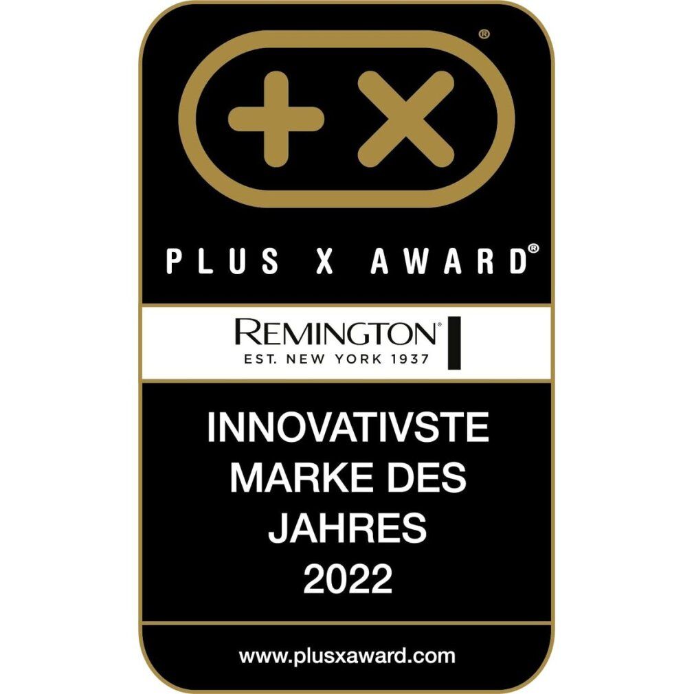 Remington G4 Personal Groomer. Schwarz, blau und weiß. Mit Ein-/Ausschalter und G4-Logo. Remington-Logo unten.