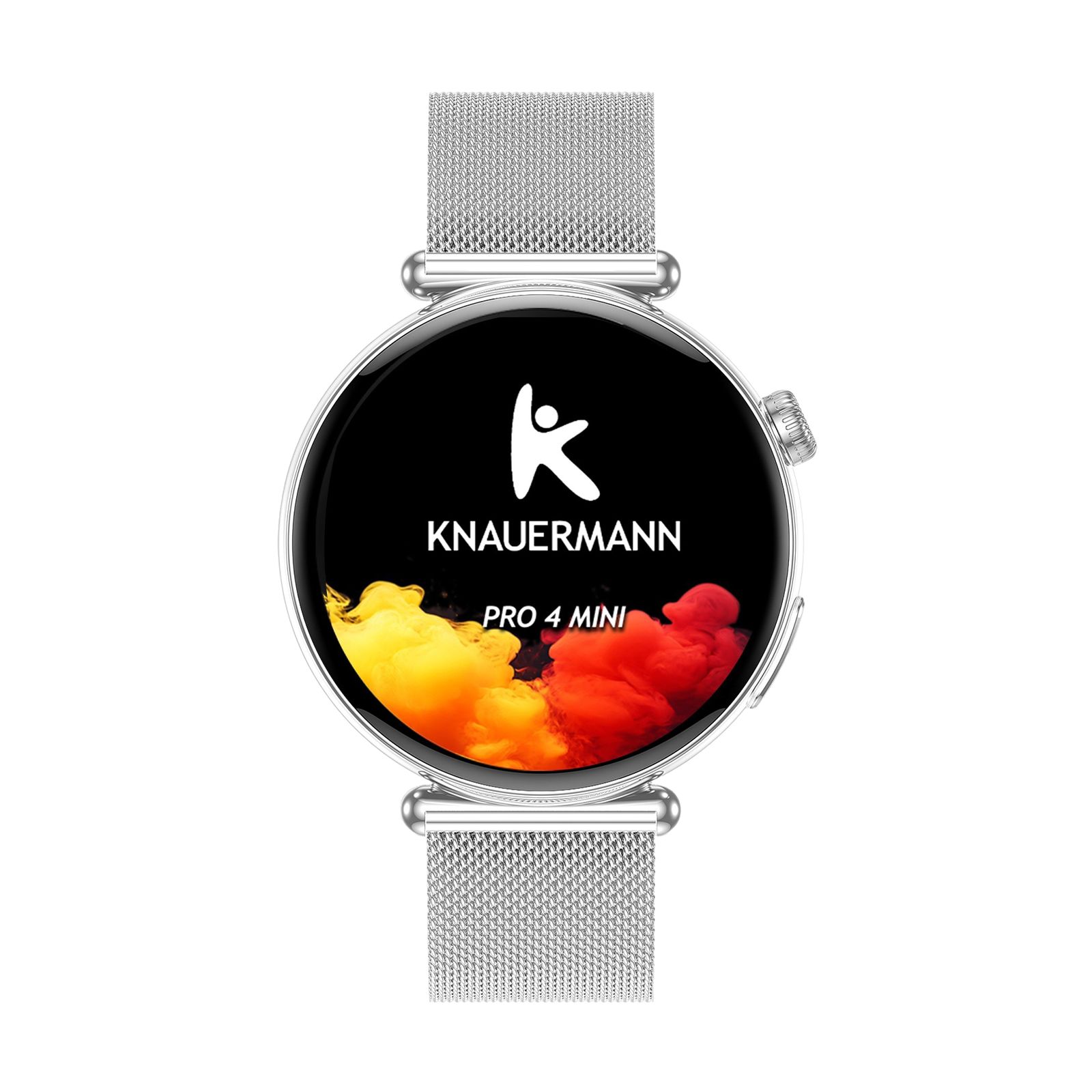 Silberne Smartwatch mit rundem Zifferblatt. Auf dem Display: Logo, Schriftzug KNAUERMANN PRO 4 MINI. Metallarmband.