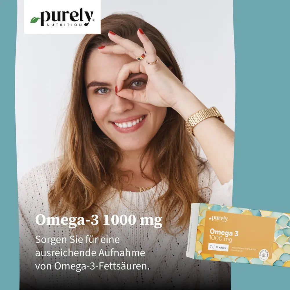 Frau mit Omega-3-Packung. Aufschrift: Omega-3 1000 mg. Text: Sorgen Sie für eine ausreichende Aufnahme von Omega-3-Fettsäuren.