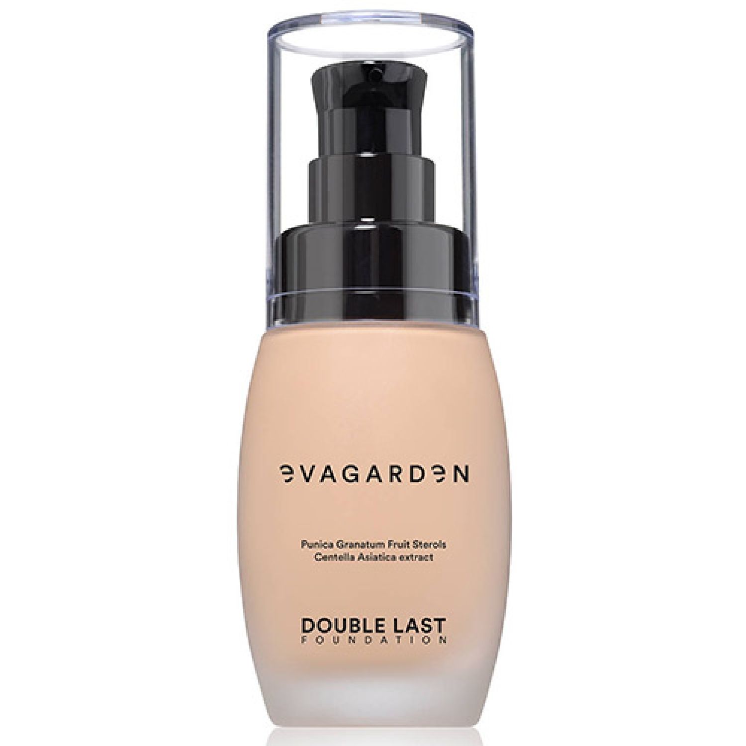 Foundation-Flakon mit Pumpverschluss. Schriftzug: evagarden, DOUBLE LAST FOUNDATION. Inhaltsstoffe: Punica granatum, Centella Asiatica.