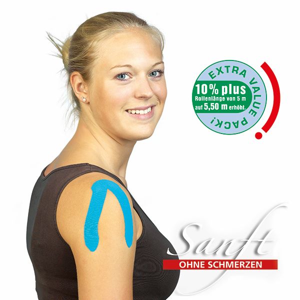 Frau mit blauem Tape am Arm. Aufkleber mit "EXTRA VALUE PACK!" und Text. Schriftzug "Sanft ohne Schmerzen".