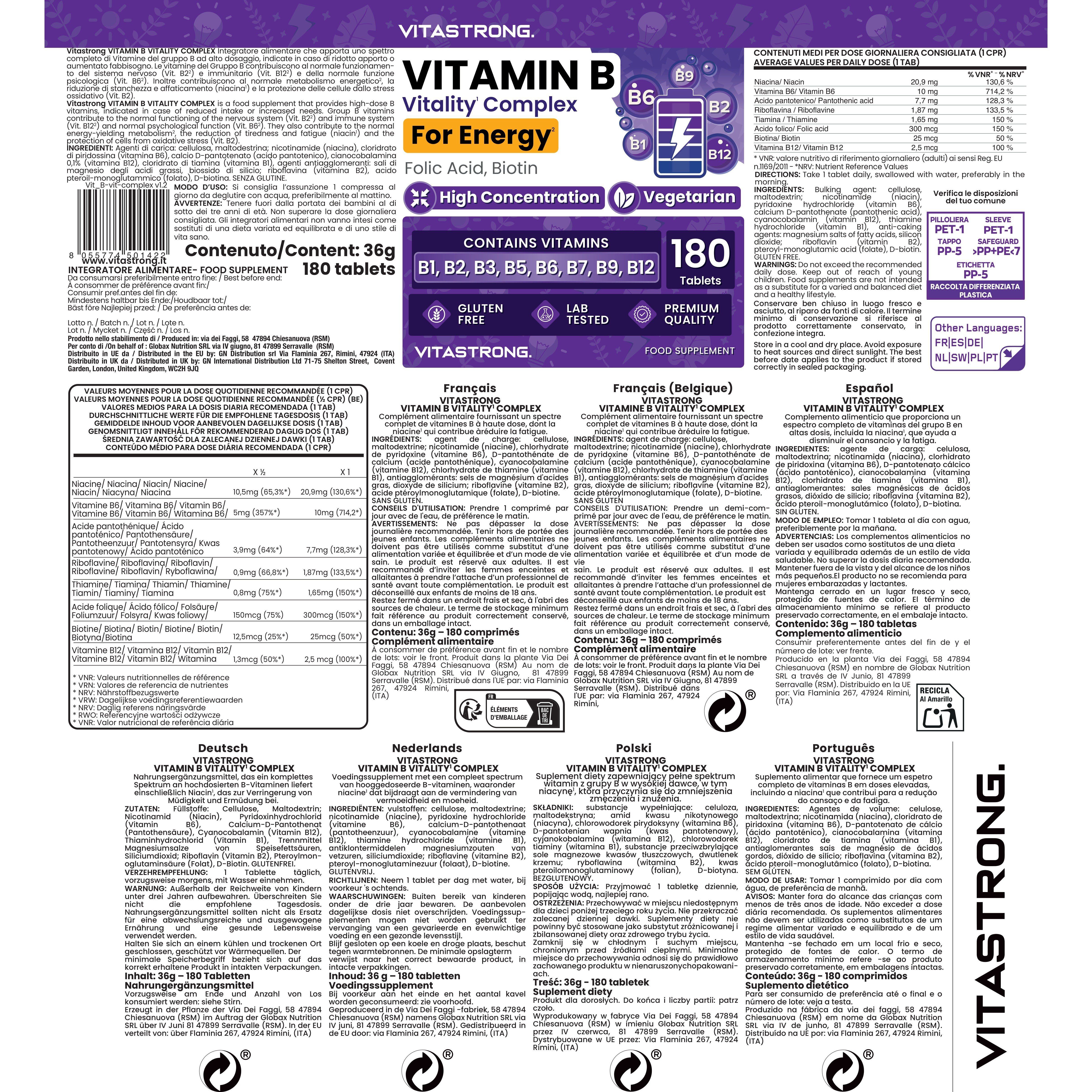 Vitastrong Vitamin B Komplex Verpackung mit detaillierten Informationen in mehreren Sprachen.