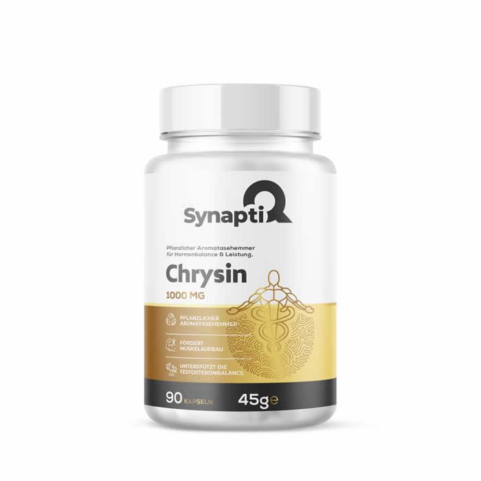 Weißes Supplement-Behältnis mit Etikett. Aufschrift: SynaptiQ Chrysin 1000 MG. Goldfarbene Grafik. 90 Kapseln, 45g.