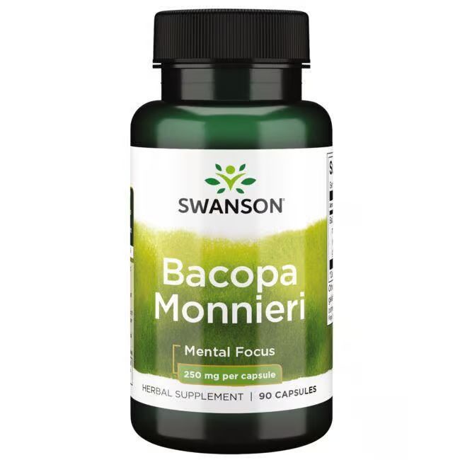 Grüne Flasche mit schwarzem Deckel. Aufschrift: SWANSON, Bacopa Monnieri, 250 mg pro Kapsel. 90 Kapseln.