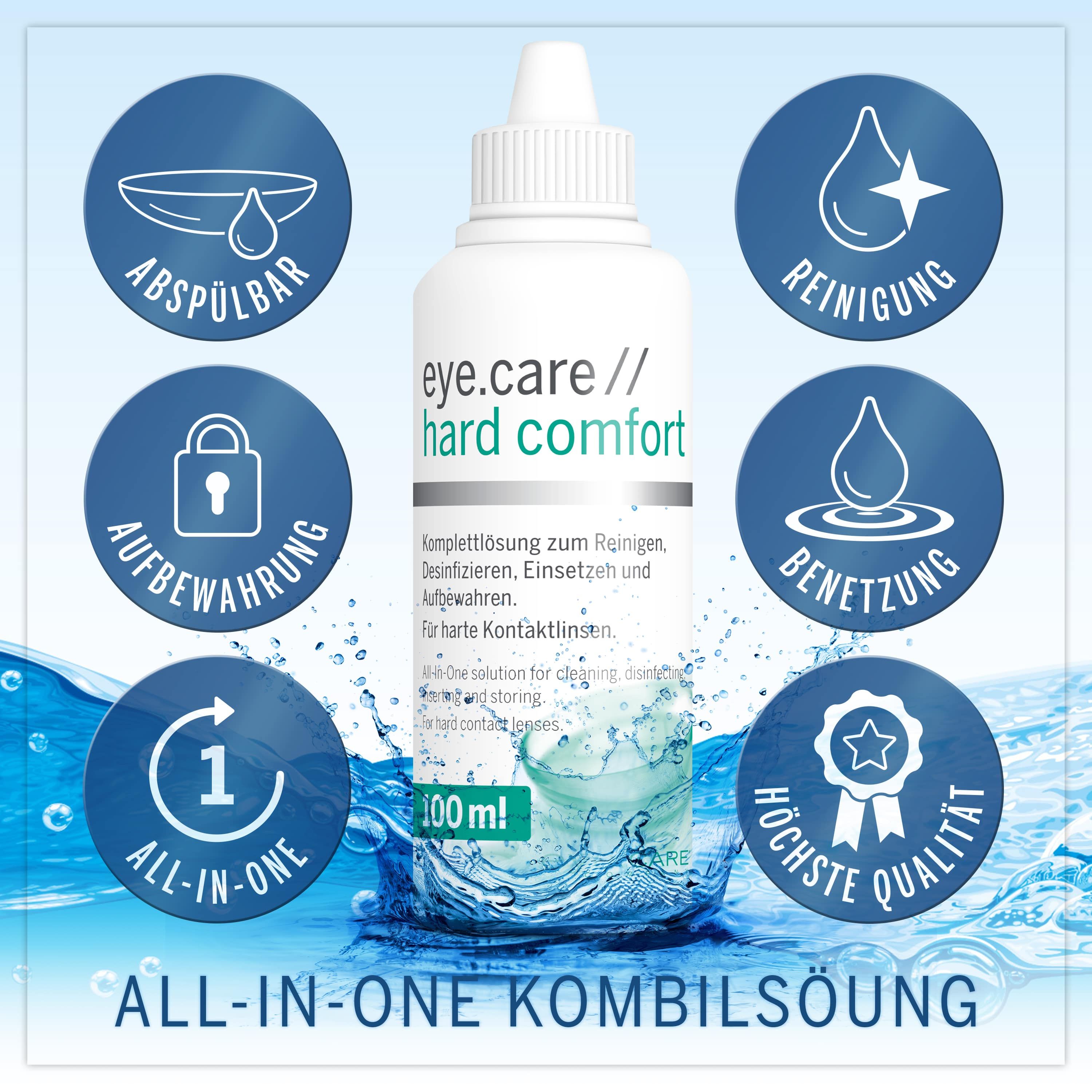 Flasche eye.care // hard comfort. Text: All-in-One Kombilösung. 100 ml. Icons: Reinigen, Benetzen, Aufbewahrung, etc.