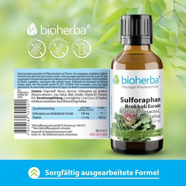 Etikett mit Produktinformationen. Bioherba Sulforaphan Brokkoli Extrakt. Glutenfrei, ohne Gentechnik.