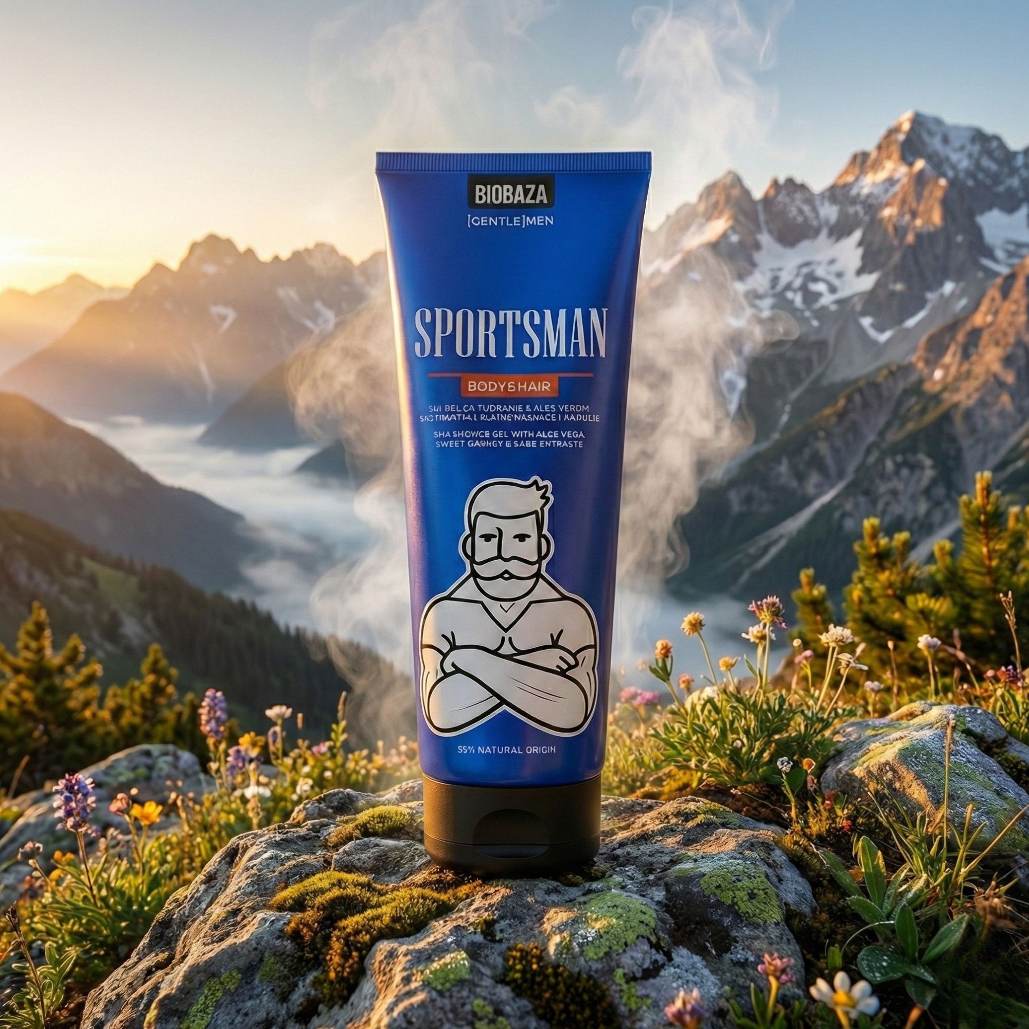 Blaues Tube-Duschgel mit Aufdruck. "Sportsman" und Logo. Berglandschaft im Hintergrund mit Blumen und Felsen im Vordergrund.