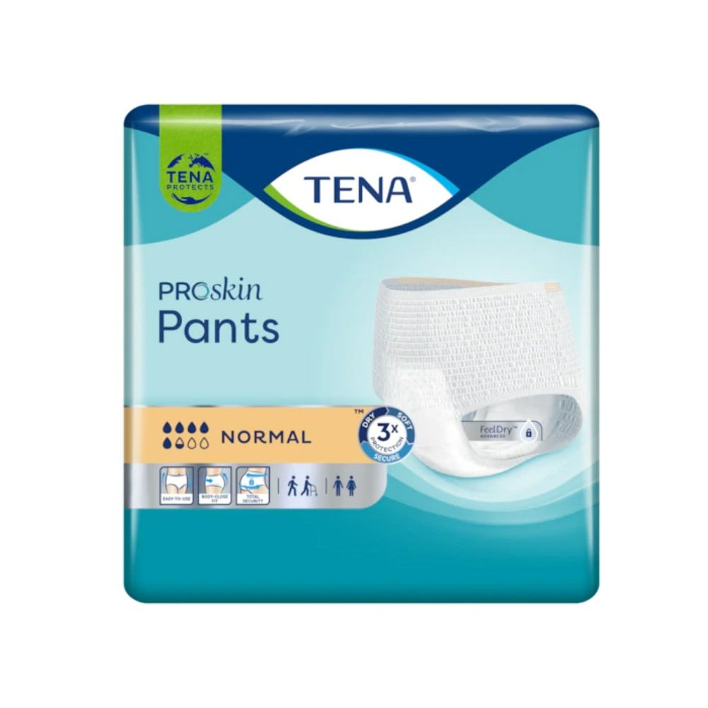 Verpackung von TENA Pants Normal. Blaue Verpackung mit Produktabbildung und Logos. ProSkin, Normal und Saugstärke-Indikator.