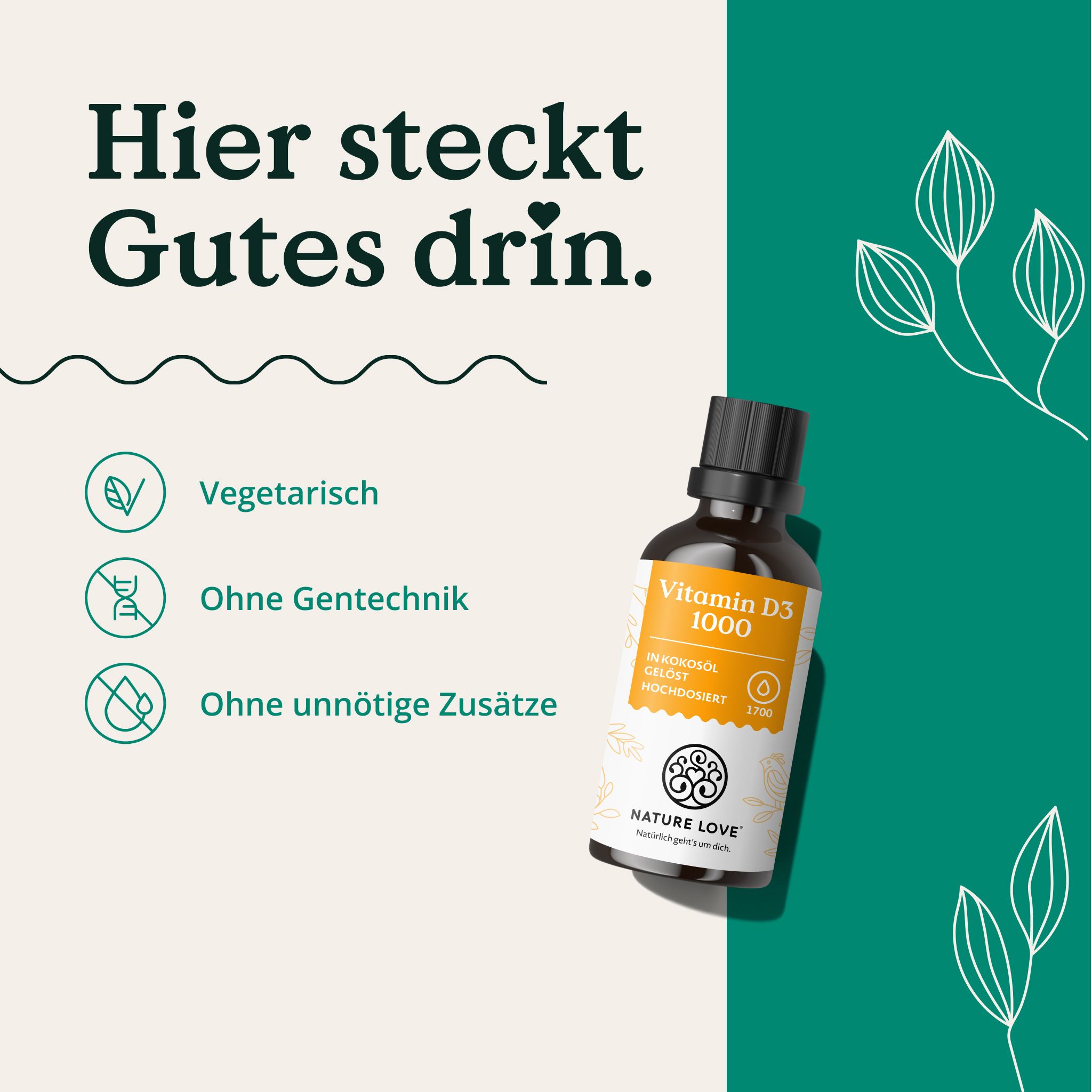 NATURE LOVE® Vitamin D3 1000 I.E.: Vegetarisch, ohne Gentechnik, ohne Zusätze.