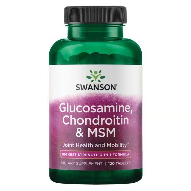 Grüne Flasche mit weißem Etikett. Aufschrift: SWANSON, Glucosamin, Chondroitin & MSM. 120 Tabletten.