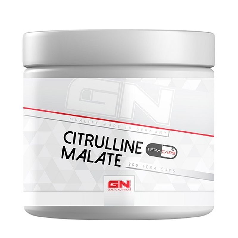 Weißer Behälter mit Aufschrift 'GN Citrulline Malate'. Rote Linien und 'Tera Caps' Logo. 'Made in Germany'.
