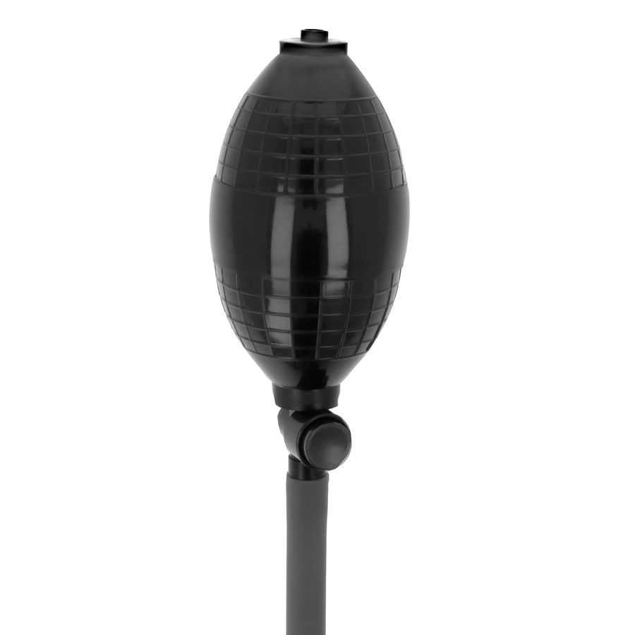 Schwarzer Ball mit geriffelter Oberfläche. Teil einer Pumpe. Mit Schlauchanschluss.