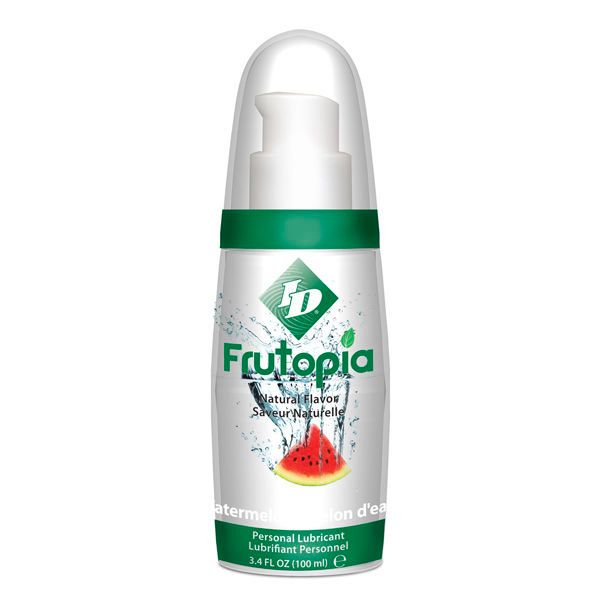 Weiß-grüne Flasche mit Pumpkopf. Aufschrift "ID Frutopia Watermelon". Abbildung einer Wassermelone im Glas. Text: "Personal Lubricant".