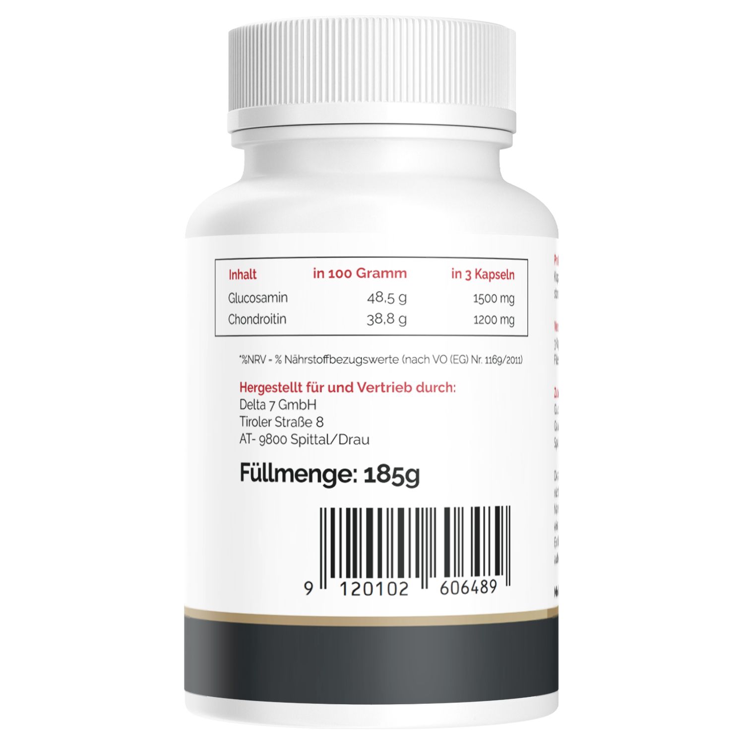 Rückseite der Flasche mit Kapseln. Inhalt, Nährwertangaben, Herstellerinformationen, Füllmenge: 185g, Barcode.