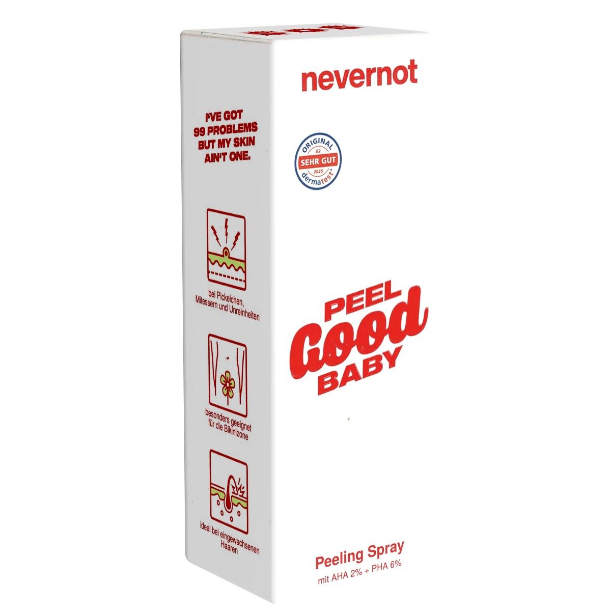 Weiße Verpackung von Nevernot Peel Good Baby. Roter Schriftzug. Aufdruck: Original Sehr Gut. Text: Peeling Spray mit AHA 2% + PHA 6%.