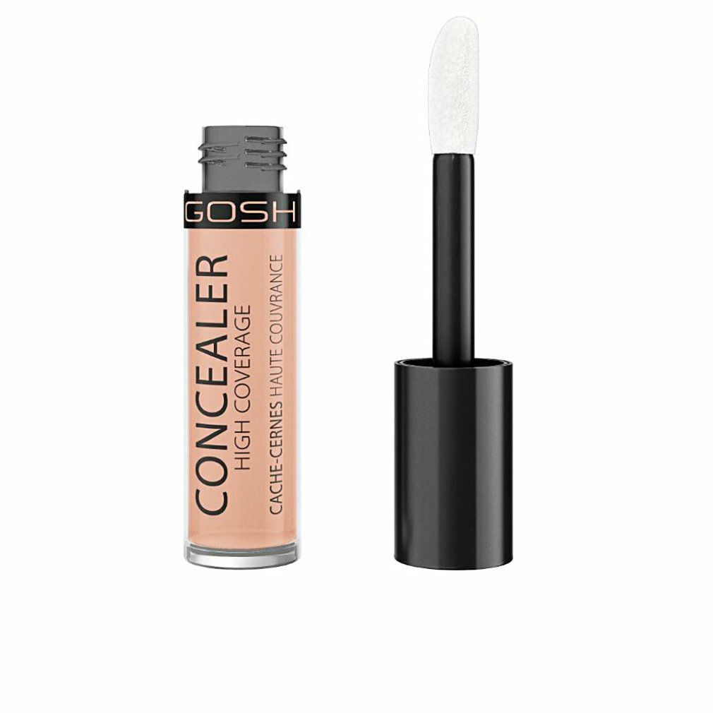 Gosh Concealer High Coverage 004 Natural. Beige Flüssigkeit in einem transparenten Behälter. Applikator mit weißem Schwamm.