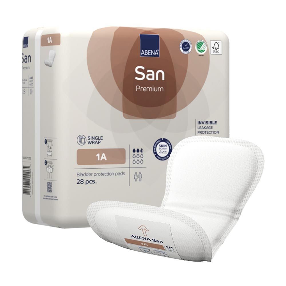 ABENA San Premium Einlagen-Packung und eine einzelne Einlage. Aufdrucke: San, Premium, 1A, 28 Stück, FSC-Siegel. Einzelne Einlage daneben.
