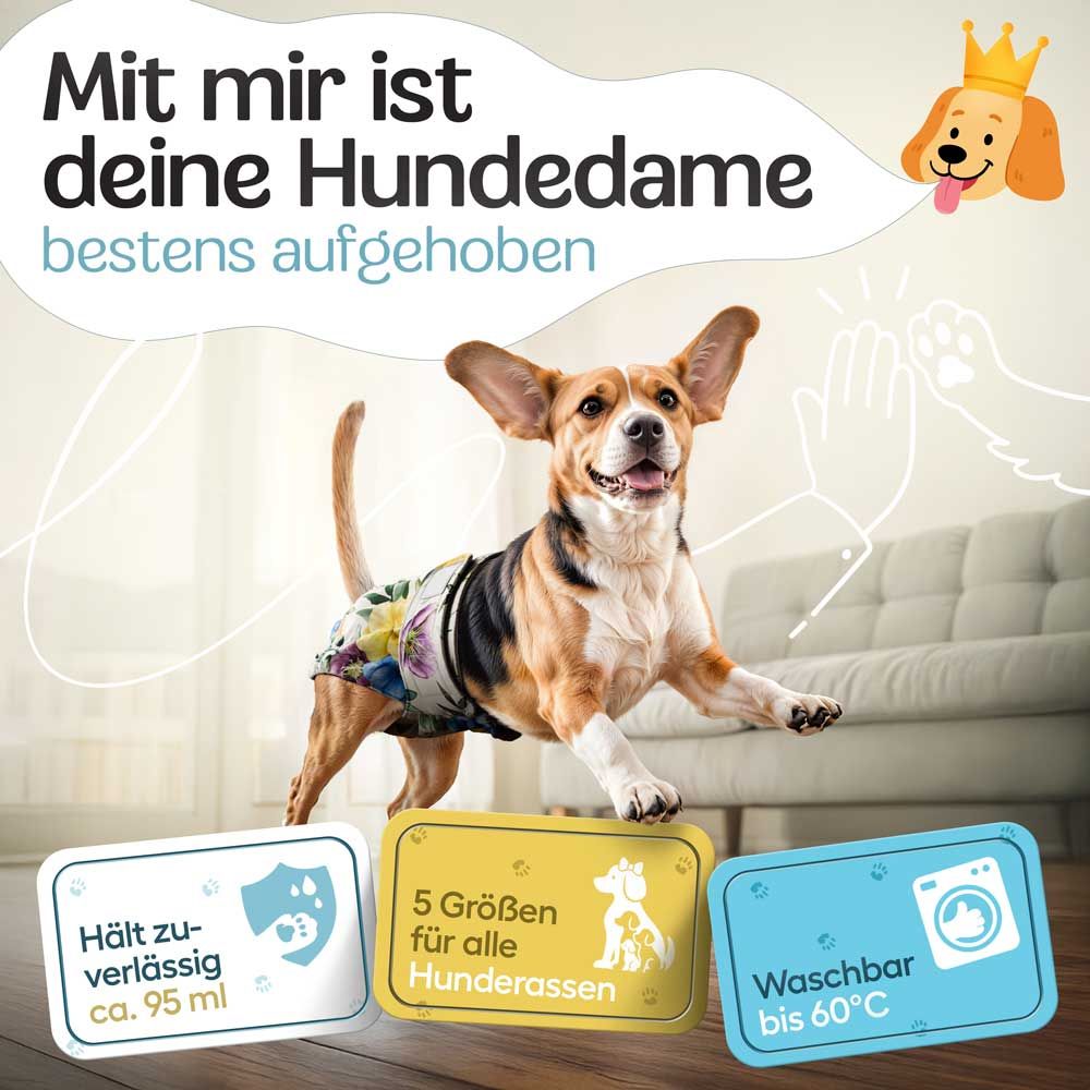 Hündin mit Windel. Text: Hält zuverl. ca. 95 ml, 5 Größen, Waschbar bis 60°C. Hundedame.