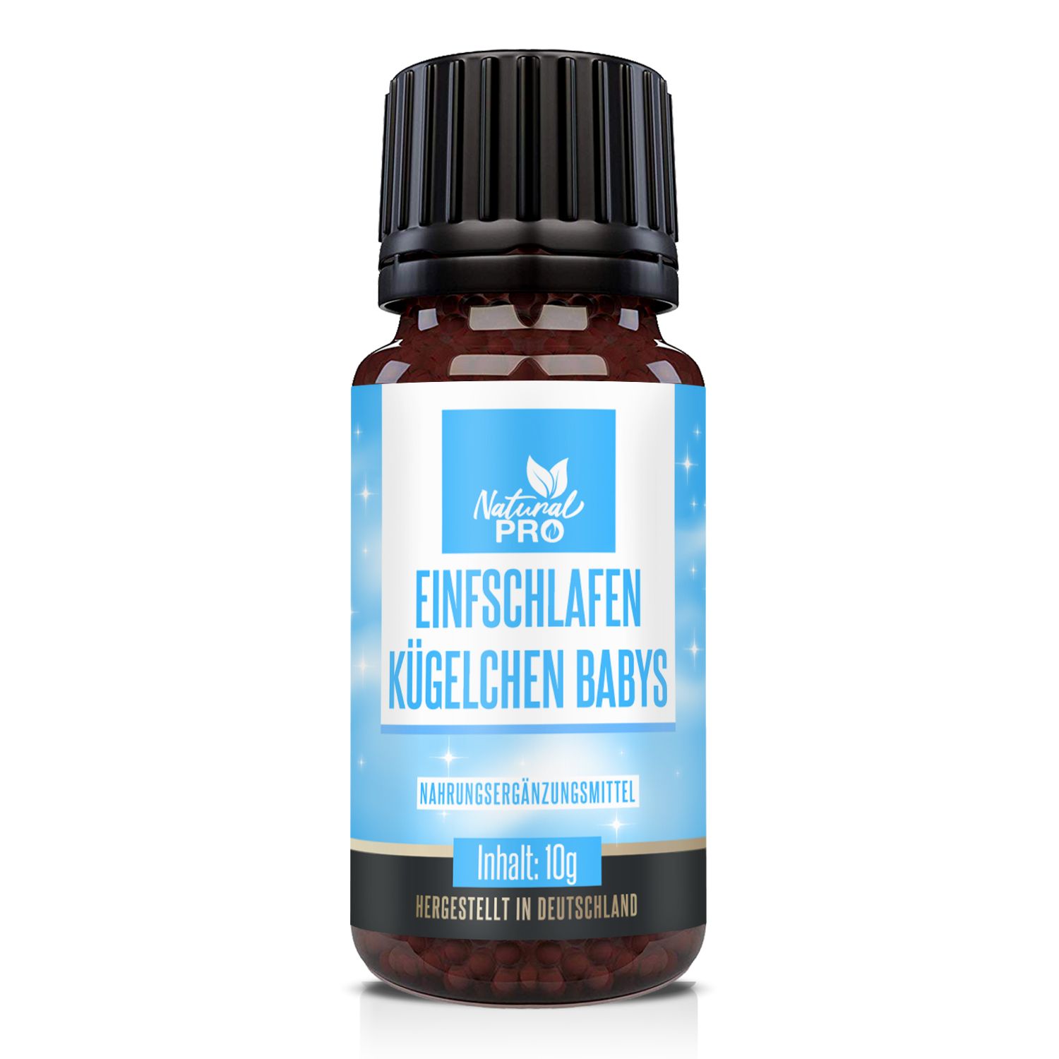 Braune Glasflasche mit schwarzem Deckel. Etikett mit Produktname, Marke Natural Pro und Inhaltsangabe 10g. Hergestellt in Deutschland.