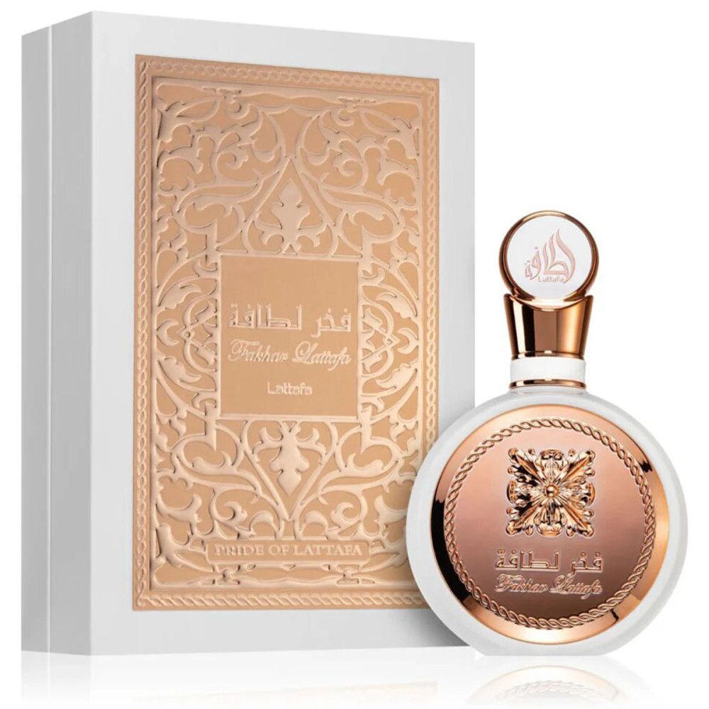 Parfumflakon und Verpackung: weißer Flakon mit rosévergoldeten Details und eine Box mit geprägtem Muster.