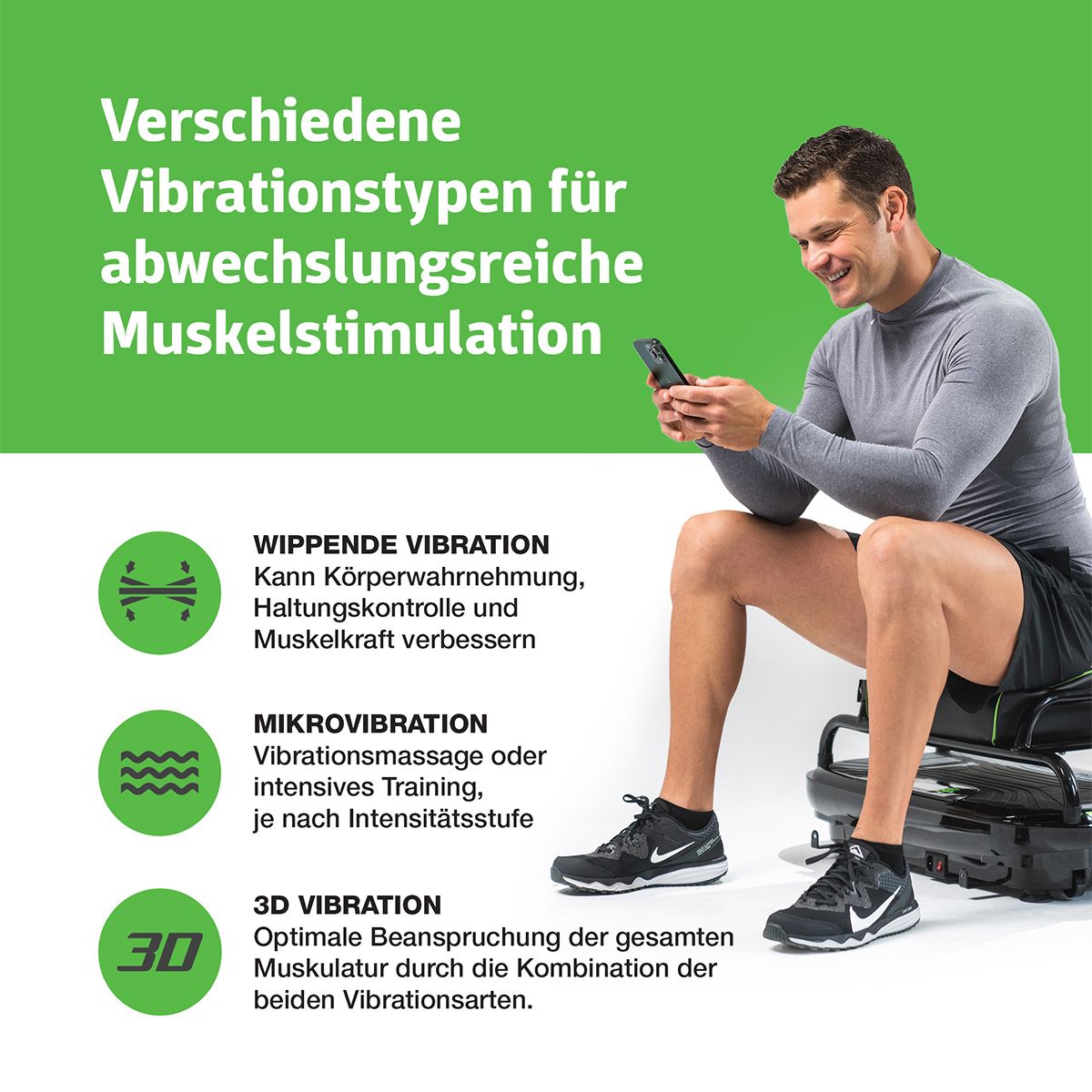 Mann auf Vibrationsplatte. Text: Verschiedene Vibrationstypen für abwechslungsreiche Muskelstimulation. Grafiken: Wippende, Mikro, 3D Vibration.